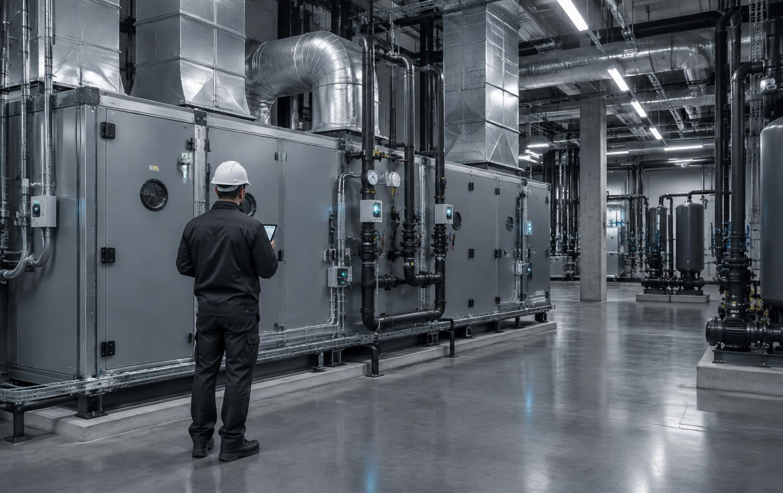 Técnico inspecionando sistema de climatização em instalação corporativa