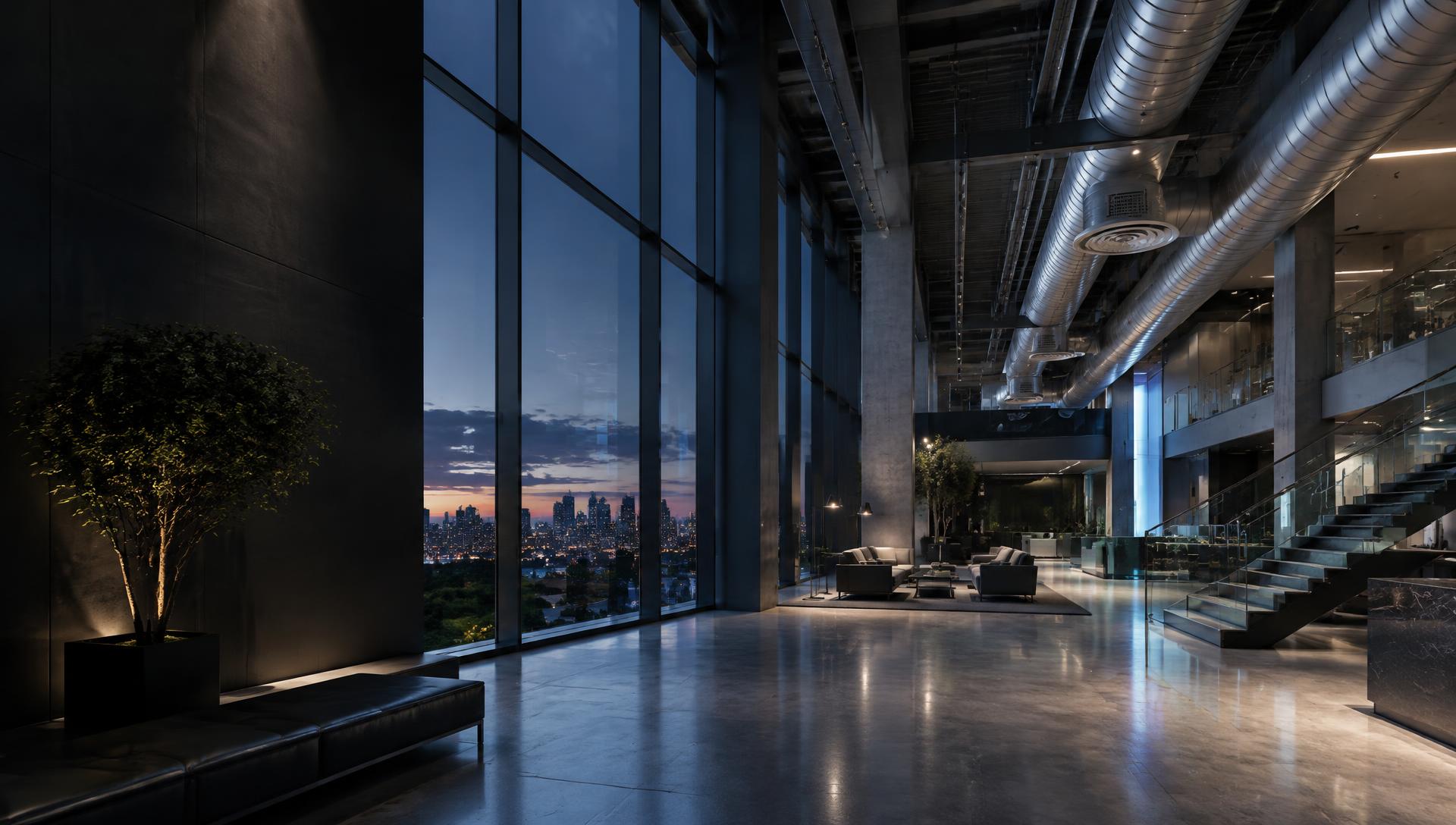 Arquitetura corporativa contemporânea com sistema de climatização aparente